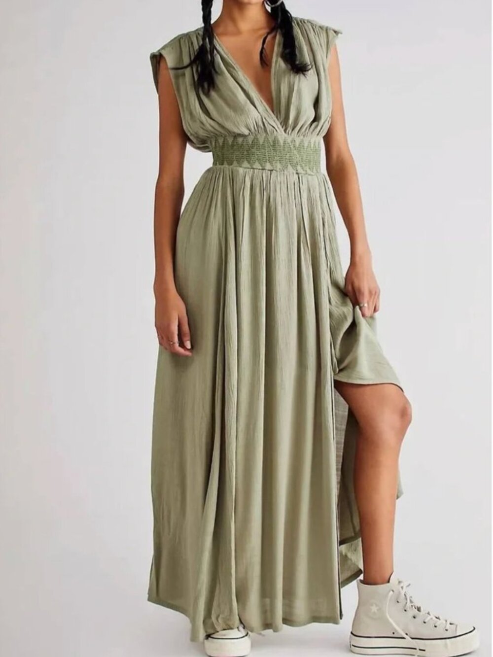 Free People Devon Ivory Black Embroidered High Slit Faux Wrap Maxi Dress S